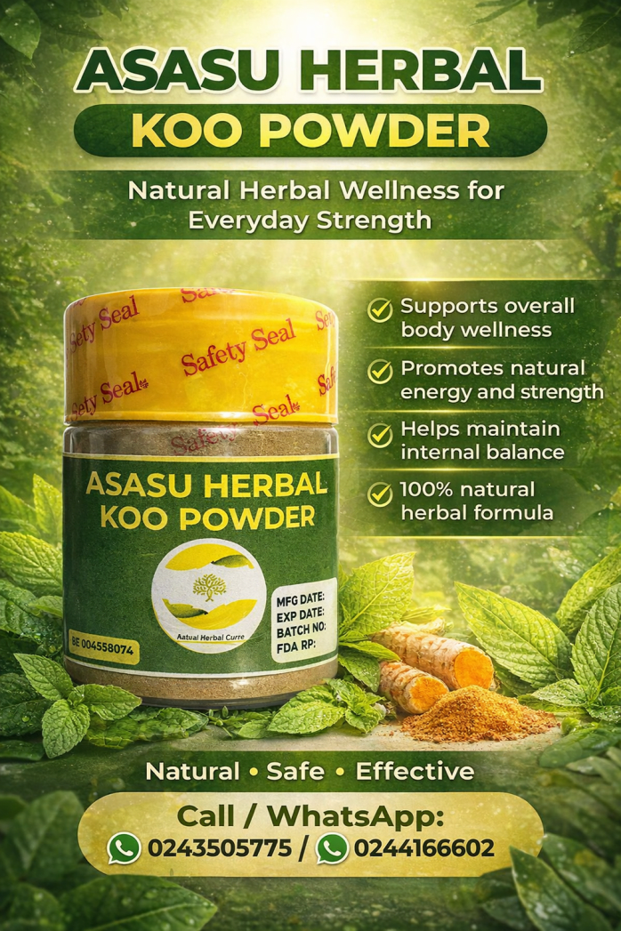 Asasu Herbal Koo Powder for piles support showing herbal product jar with natural ingredients and contact details